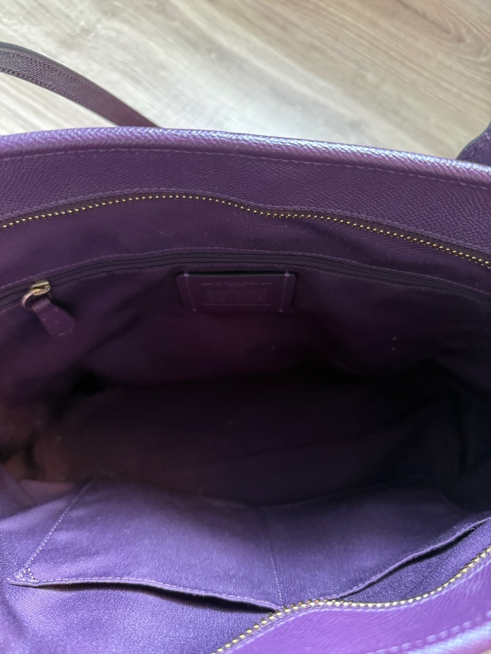 COACH Plum Leather Town Tote with Gold Hardware and Logo - Picture 3 of 7